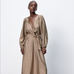 Zara NWT 🏷️ Khaki A-Line Dress With Belt Long Sleeves Room To Move XL
